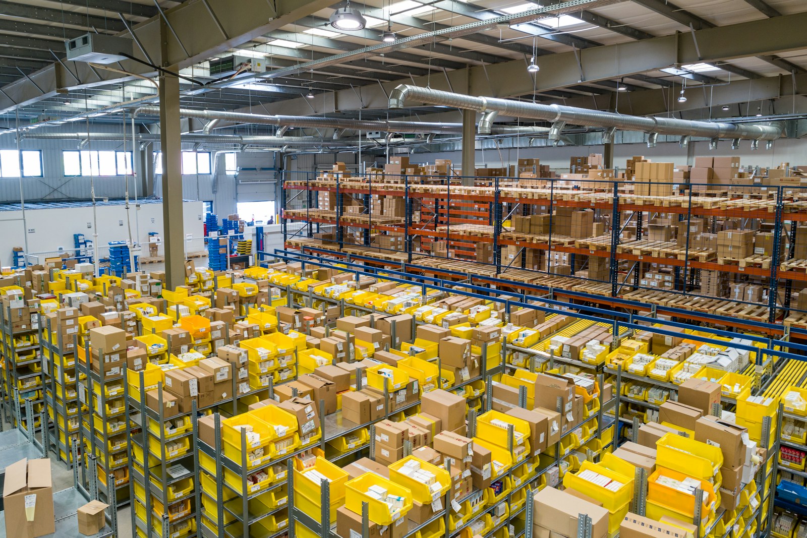 Warehouse logistics operation with organized boxes and shelves